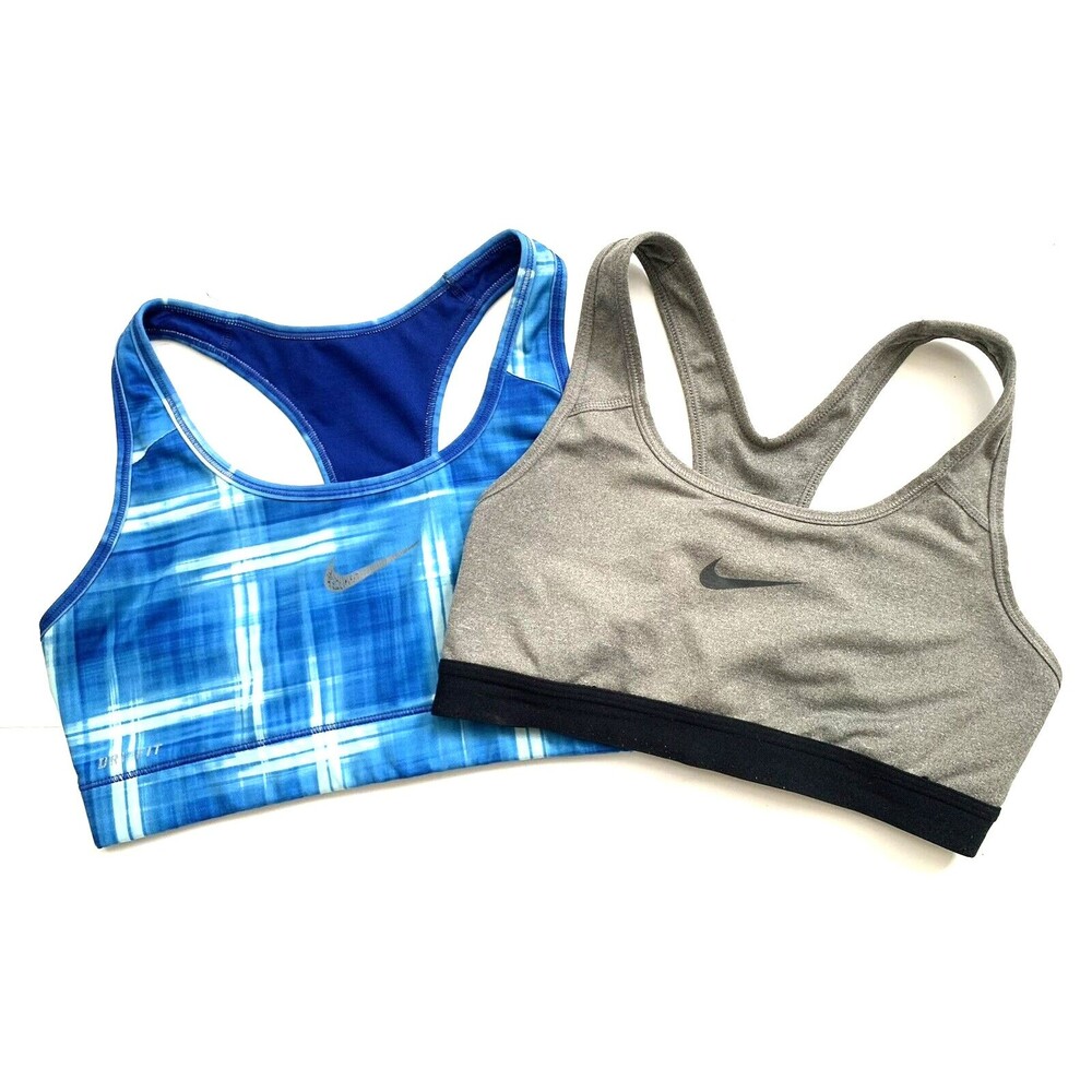 Nike Top Sports Bra Blue Plaid Gray Heather Racerback Workout Activewear Lot  2